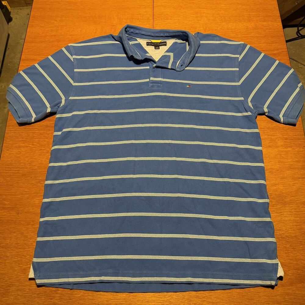 Tommy Hilfiger Polo Shirt Men's Size XL Blue Striped Cotton Short Sleeve Classic